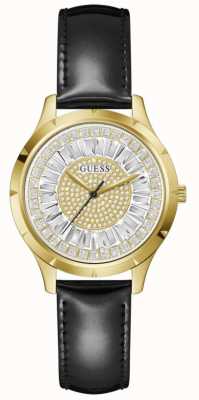 Guess Damski zegarek Glamour z kryształową tarczą i czarnym skórzanym paskiem GW0299L2