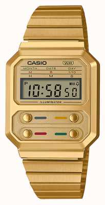 Casio Złoty zegarek cyfrowy ze stali nierdzewnej w stylu vintage A100WEG-9AEF