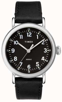 Timex Standardowa koperta w kolorze srebrnym 40 mm, czarna tarcza, czarny skórzany pasek TW2T20200