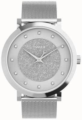 Timex Damska niebiańska bogactwo 38-milimetrowa srebrna koperta / srebrna brokatowa tarcza z kryształkami TW2U67000