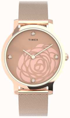 Timex Wms transcend kwiatowy wycięcie w kolorze różowego złota i bransoletka z siatki TW2U98100