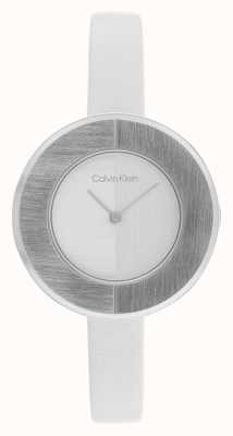 Calvin Klein Srebrna tarcza damska | zegarek z białym skórzanym paskiem 25200026
