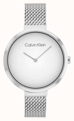 Calvin Klein Minimalistyczna bransoletka z siatki ze stali nierdzewnej w kształcie litery T z białą tarczą 25200079