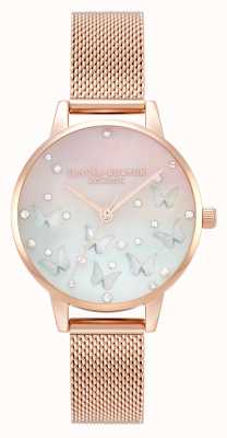 Olivia Burton Błyszczący motyl różowy gradientowy zegarek z siateczkową bransoletą OB16MB38