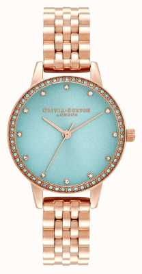 Olivia Burton Klasyczny zegarek w kolorze miętowej błyszczącej tarczy z kryształowym zestawem bezel OB16MD104
