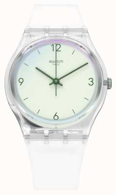 Swatch Jasnozielony zegarek z jeziorem łabędziem GE294