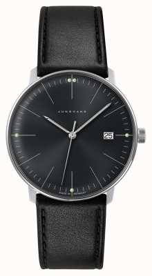 Junghans Męski zegarek kwarcowy max bill gładki czarny cyferblat, czarny skórzany zegarek szafirowy 41/4465.02
