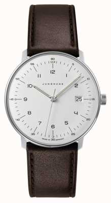 Junghans Męski zegarek kwarcowy max bill z białą tarczą i brązowym skórzanym zegarkiem 41/4461.02
