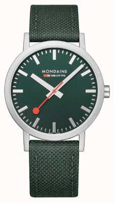 Mondaine Klasyczny zegarek z tekstylnym paskiem w kolorze leśnej zieleni o średnicy 36 mm A660.30314.60SBF