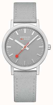 Mondaine Klasyczny szary zegarek o średnicy 36 mm, z szarym paskiem pochodzącym z recyklingu A660.30314.80SBH