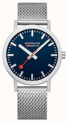Mondaine Klasyczny zegarek siateczkowy o średnicy 40 mm i niebieskiej tarczy ze stali A660.30360.40SBJ