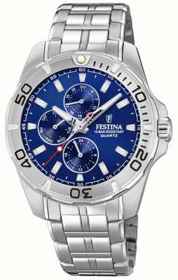 estina Wielofunkcyjny męski zegarek ze stalową bransoletą i niebieską tarczą F20445/2