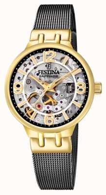 Festina Damski zegarek automatyczny typu szkielet w kolorze złotym/czarnym z siateczkową bransoletą F20580/2