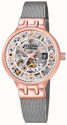 Festina Damski automatyczny zegarek szkieletowy w kolorze różowego złota z bransoletą z siatki F20581/1