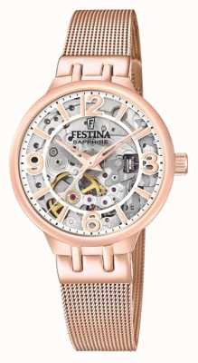 Festina Damski zegarek automatyczny w kolorze różowego złota z siateczkową bransoletą F20581/2
