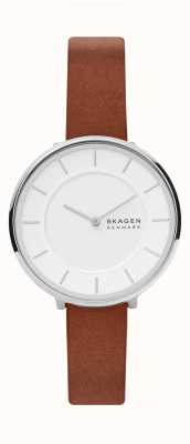 Skagen Brązowy zegarek ze skóry ekologicznej Gitte z białą tarczą SKW3015