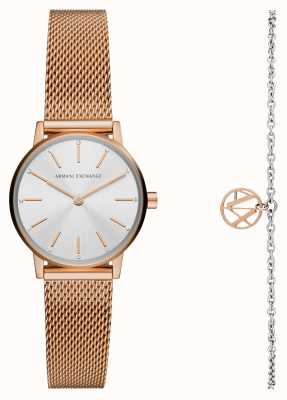Armani Exchange Zestaw upominkowy z zegarkiem i bransoletą damską | srebrna tarcza | bransoletka ze stali w kolorze różowego złota AX7121