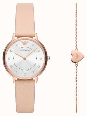 Emporio Armani Zestaw upominkowy dla kobiet | zegarek z różowym skórzanym paskiem | bransoletka w kolorze różowego złota AR80058