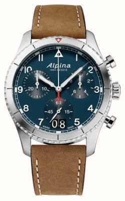 Alpina Startimer pilot chronograf z dużym datownikiem (41 mm), niebieska tarcza / brązowa skóra AL-372NW4S26