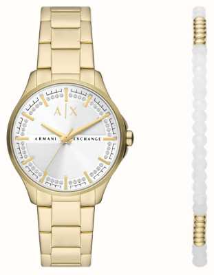 Armani Exchange Zestaw upominkowy ze złotego zegarka i bransoletki z pozłacanym pvd AX7139SET