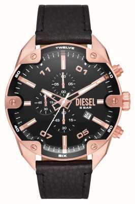 Diesel Kolczaste różowe złoto | czarny skórzany zegarek DZ4607