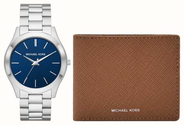 Michael Kors Wąski stalowy zegarek z niebieską tarczą pasujący do portfela MK1060SET