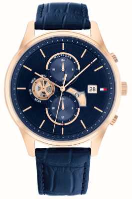Tommy Hilfiger Męski zegarek z niebieskim, skórzanym paskiem w stylu weston z niebieską tarczą 1710503